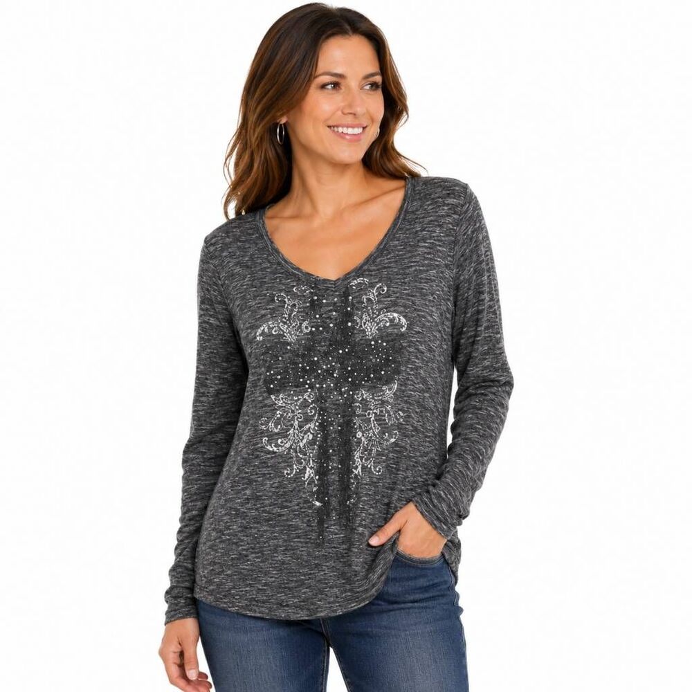 Maurices M Gray Rhinestone Cross V Neck Long Sleeve Top